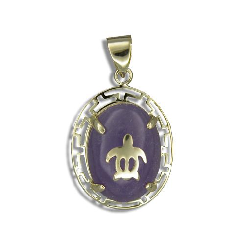 14KT Yellow Gold Hawaiian Honu on Oval Shaped Purple Jade Pendant 