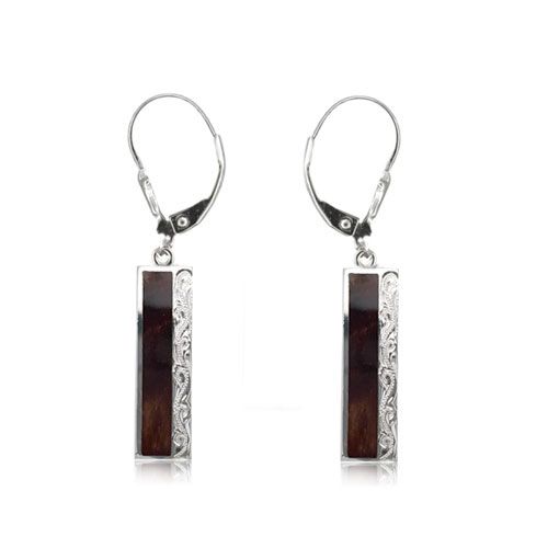 Sterling Silver Hawaiian Engraved Koa Wood Long Bar Shaped Lever Back Earrings