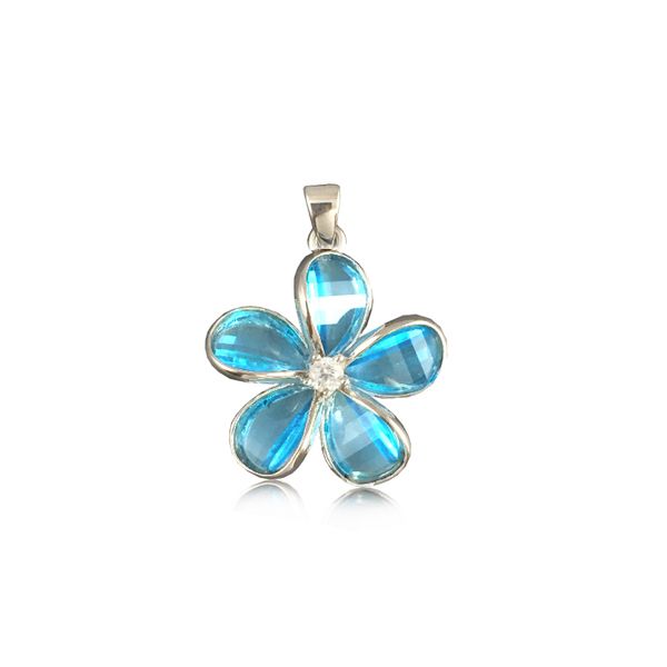 Sterling Silver 15MM Hawaiian Plumeria with Semi-Precious Blue Topaz Pendant