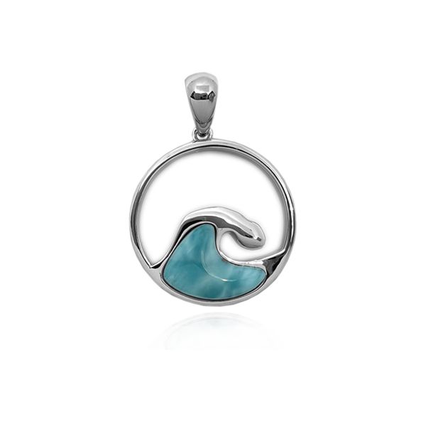 Sterling Silver Genuine Larimar Wave in Circle Pendant (M)