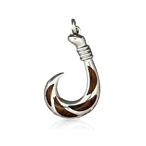 Sterling Silver Hawaiian Men Style Koa Wood Fish Hook Pendant