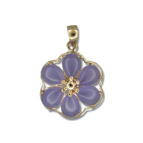 14KT Yellow Gold Six-Petal Plumeria with Purple Jade Pendant 