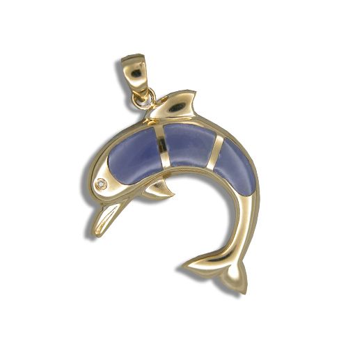 14KT Yellow Gold Purple Jade Dolphin Pendant with Diamond