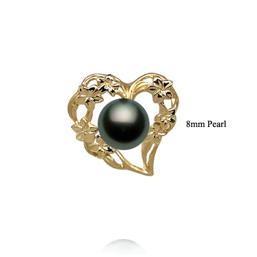 14KT Yellow Gold Plumeria Heart Design AAA Round Tahitian Pearl Pendant