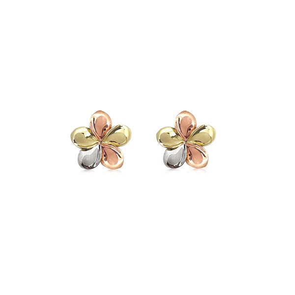 14KT Gold Tri-color 10mm Plumeria Stud Earrings