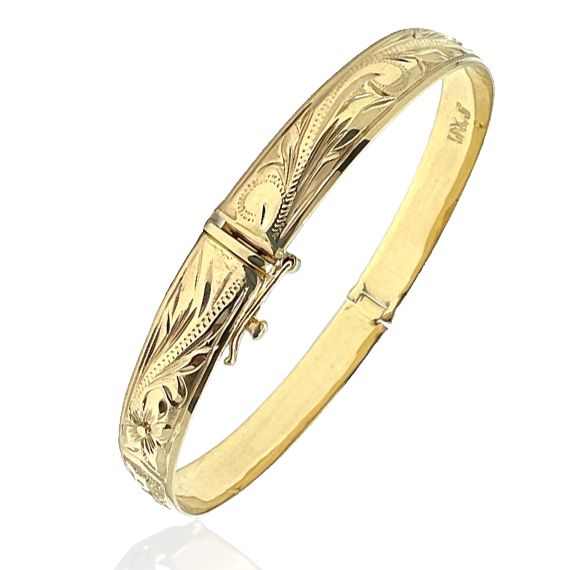 14KT Gold Custom Hawaiian Plumeria and Scroll Design Bangle Bracelet with Box Clasp