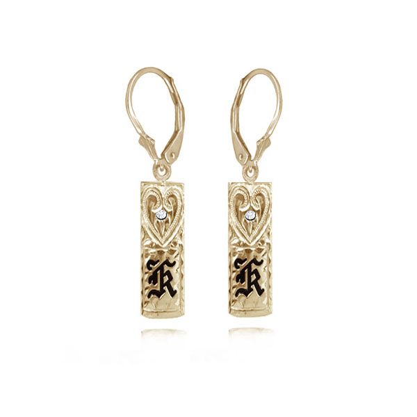 14K Yellow Gold Hawaiian Initial Lever Back Earrings with Diamond Heart