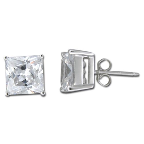 Sterling Silver 3/8 in by 3/8 in Square Cut Clear CZ Earrings