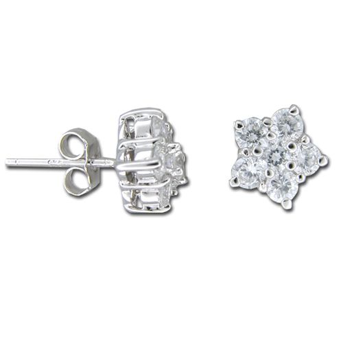 Sterling Silver Five Petal Flower with Clear CZ Earrings