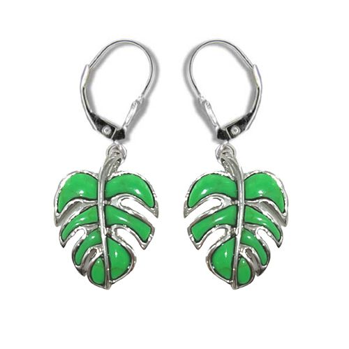 Sterling Silver Hawaiian Green Turquoise Monstera  Lever Back Earrings