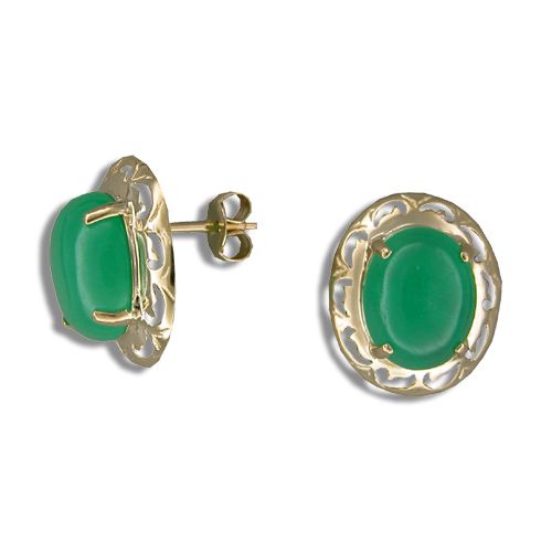 14KT Yellow Gold Cut-In Wave Design with Oval Shaped Green Jade Earrings