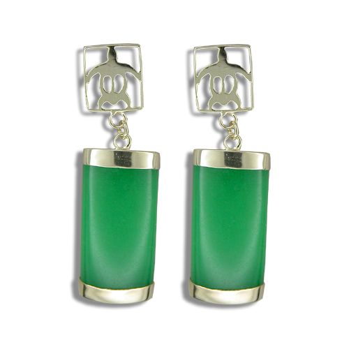 14KT Yellow Gold Honu with Long Bar Shaped Green Jade Earrings