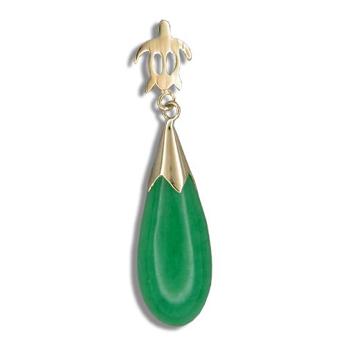 14K Gold Turtle with Green Jade Tear Drop Pendant