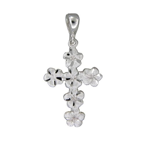 14kt White Gold 7mm Plumeria Leis Cross Pendant