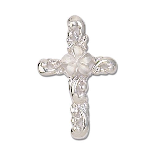 Silver Hawaiian Plumeria SCroll Cross Pendant