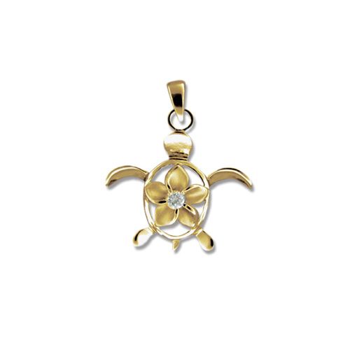 14kt Gold Hawaiian Plumeria CZ Honu Pendant