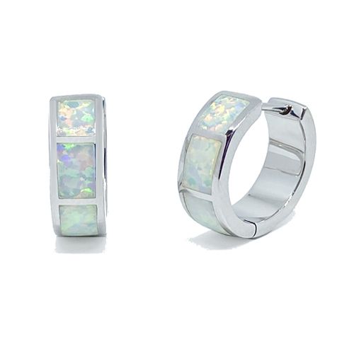 Sterling Silver Opal Inlay Huggie Hoop Earrings