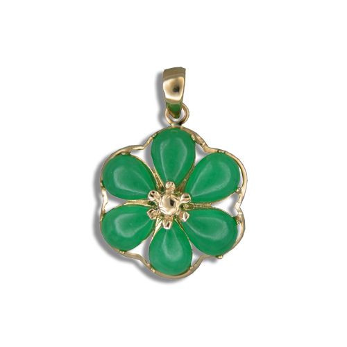 14KT Yellow Gold Six-Petal Plumeria with Green Jade Pendant 