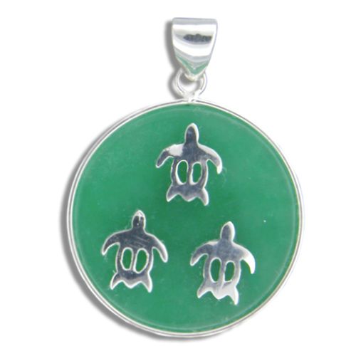 Sterling Silver Hawaiian Honu on Round Shaped Green Jade Pendant