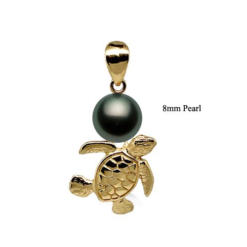 14KT Yellow Gold Hawaiian Sea Turtle Design AAA Round Tahitian Pearl Pendant