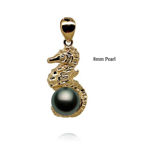 14KT Yellow Gold Seahorse Design AAA Round Tahitian Pearl Pendant