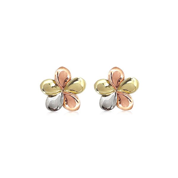 14KT Gold Tri-color 12mm Plumeria Stud Earrings